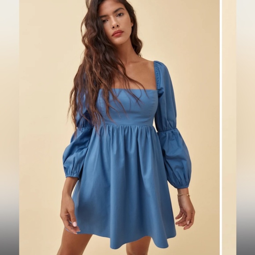 Reformation Michaela  Blue Square-Neck Dress cotton swing 2